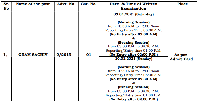 HSSC Gram Sachiv Exam Schedule 2021